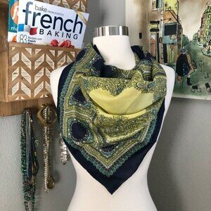 BAAR & BEARDS Japan Hand Rolled Black Teal Gold Paisley 100% Silk Scarf - 23" SQ